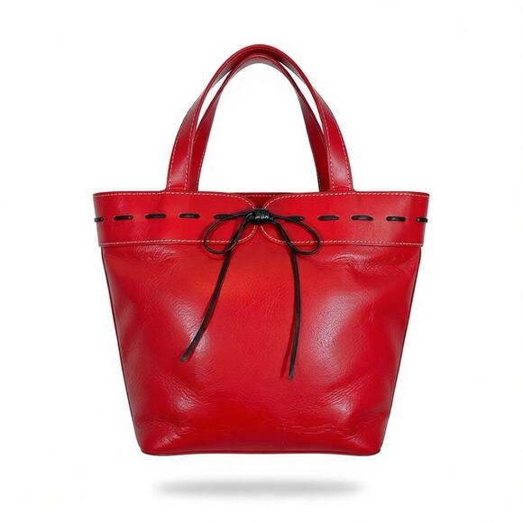 Vintage EGO Red Leather Tote Bag Y2K Bow Detail Top Handle Structured Purse Med - Picture 10 of 10
